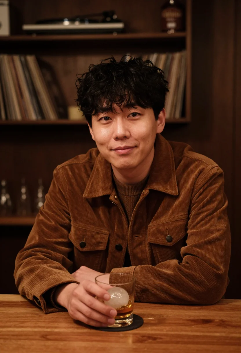 AI listening bar tokyo walnut sample — portrait of a man, framed tight, head and shoulders, the bod