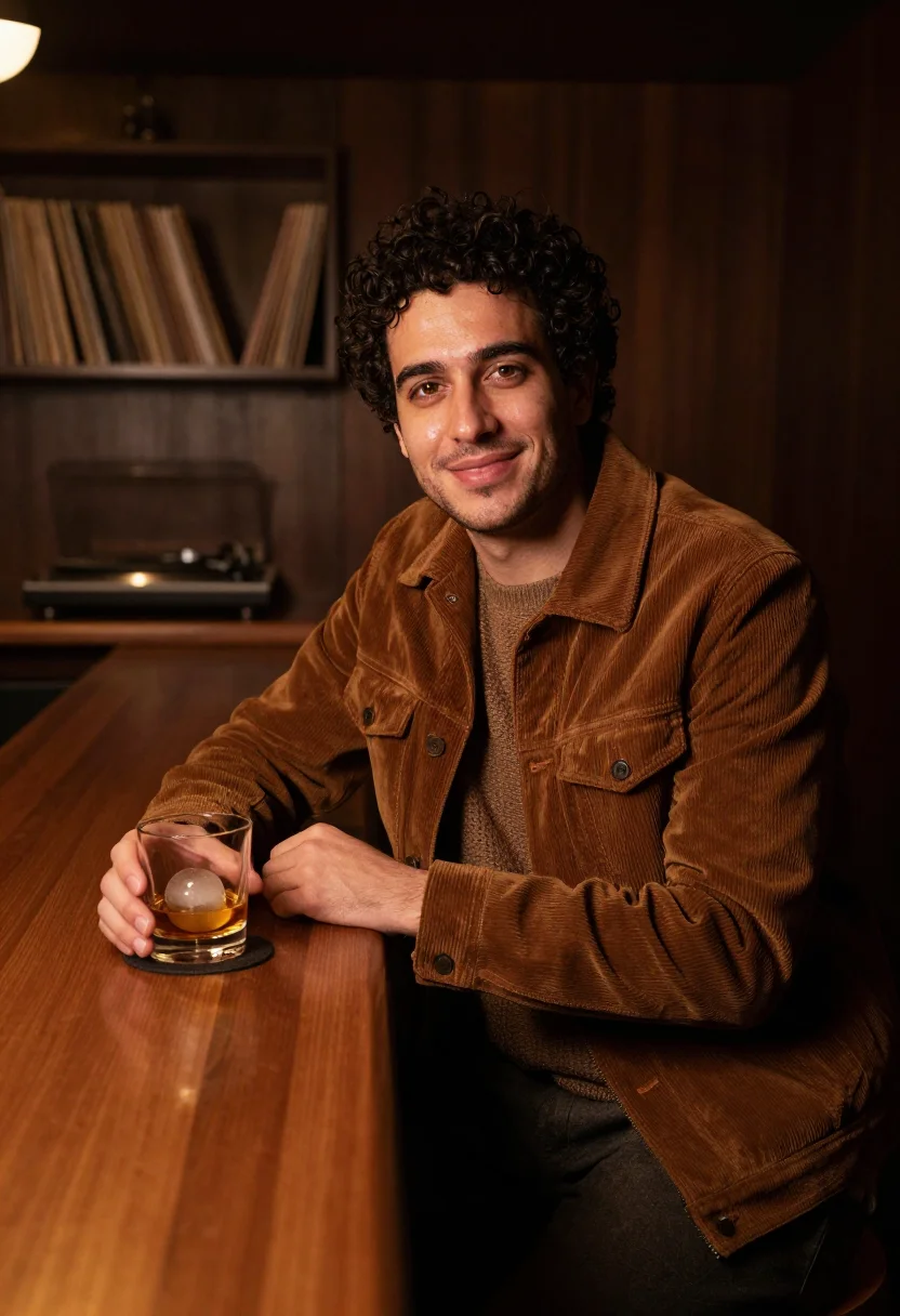 AI listening bar tokyo walnut sample — portrait of a man, framed half-length from the waist up, the