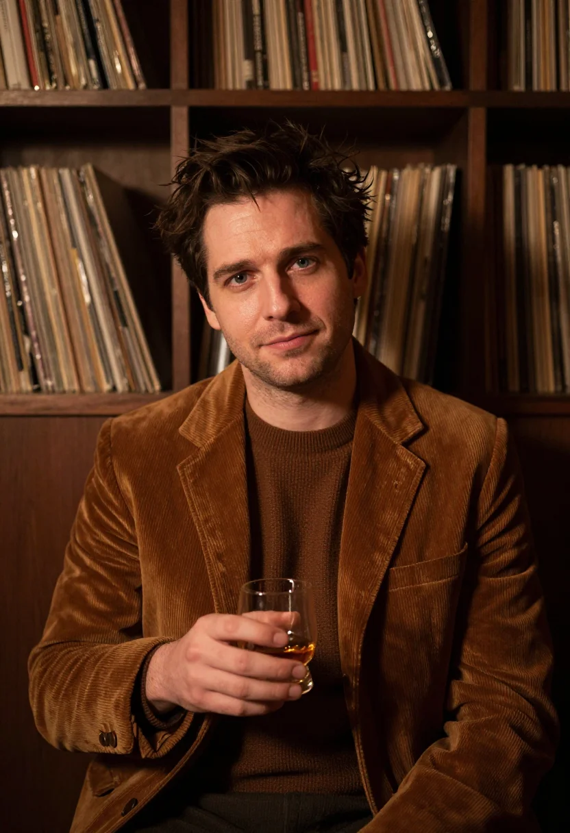 AI listening bar tokyo walnut sample — portrait of a man, framed chest-up, the crop at the ribs, th