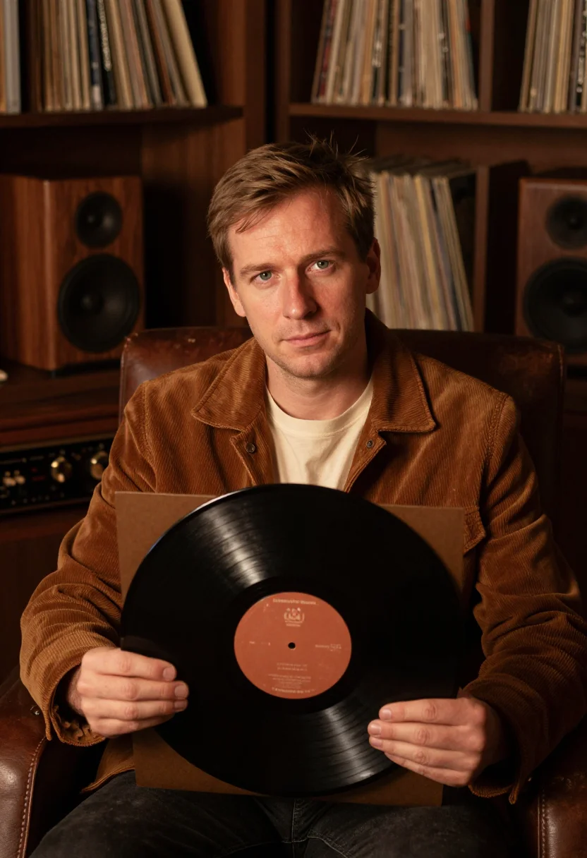 AI listening corner walnut sample — portrait of a man, framed chest-up, the body close to the le