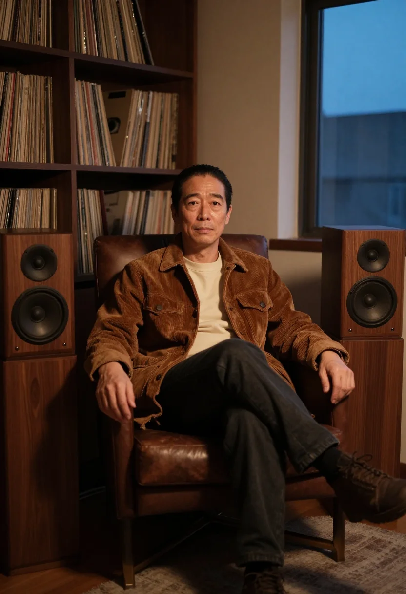 AI listening corner walnut sample — portrait of a man, framed wide, the whole listening corner s