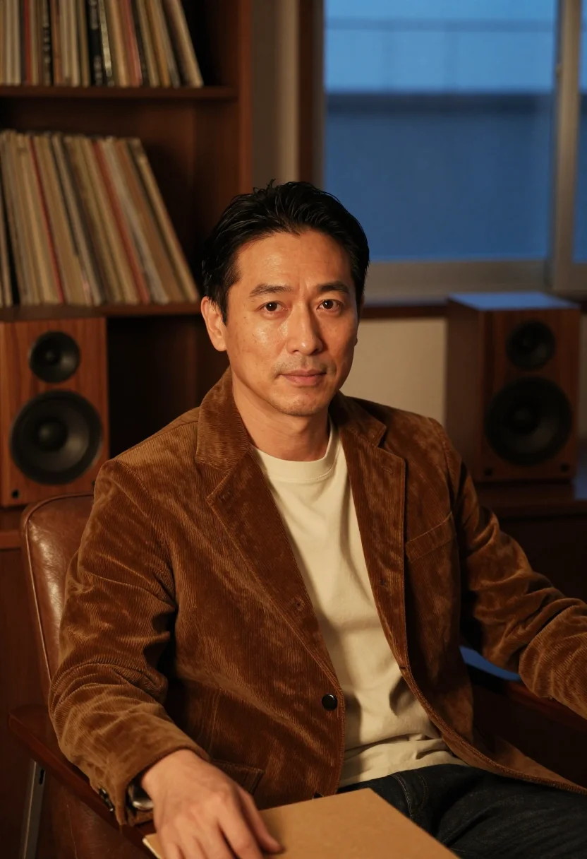 AI listening corner walnut sample — portrait of a man, framed chest-up, the body close to the le