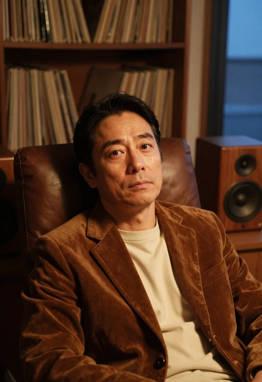 AI listening corner walnut sample — portrait of a man, framed tight, head and shoulders, the bod