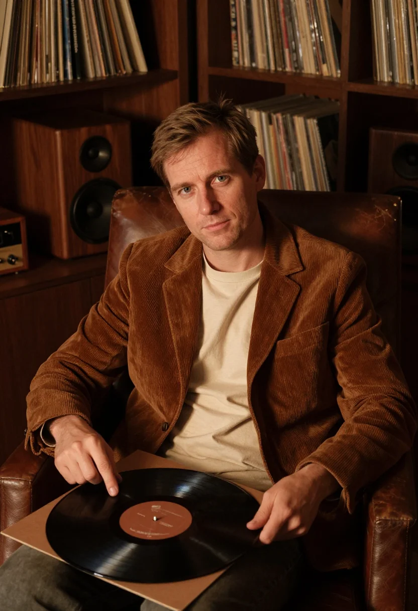 AI listening corner walnut sample — portrait of a man, framed half-length from the crown to the