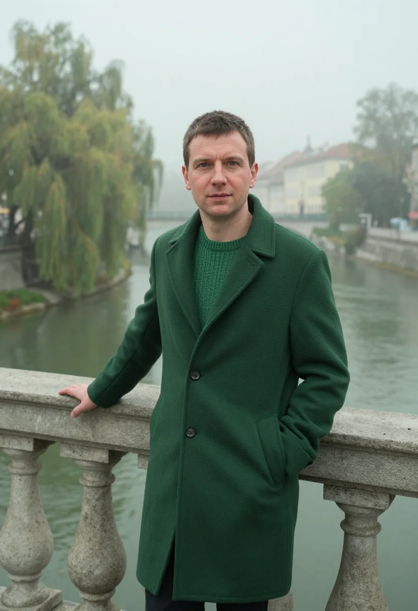 AI ljubljana fog november green sample — portrait of a man, framed half-length from the hips up on th