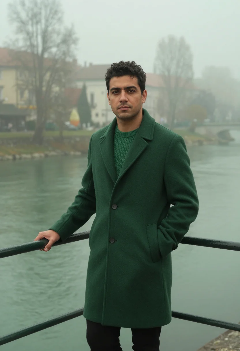 AI ljubljana fog november green sample — portrait of a man, framed three-quarter length from the knee
