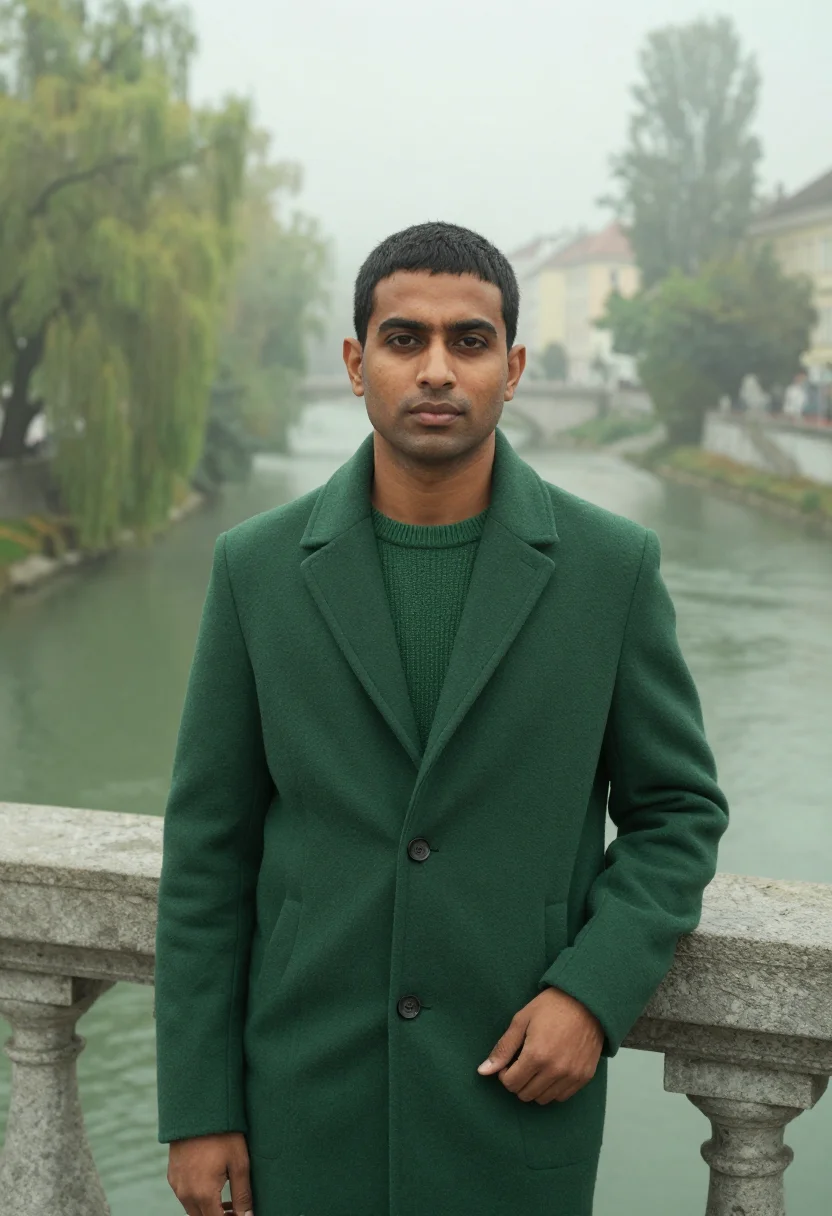 AI ljubljana fog november green sample — portrait of a man, framed chest-up from the ribs, the body c