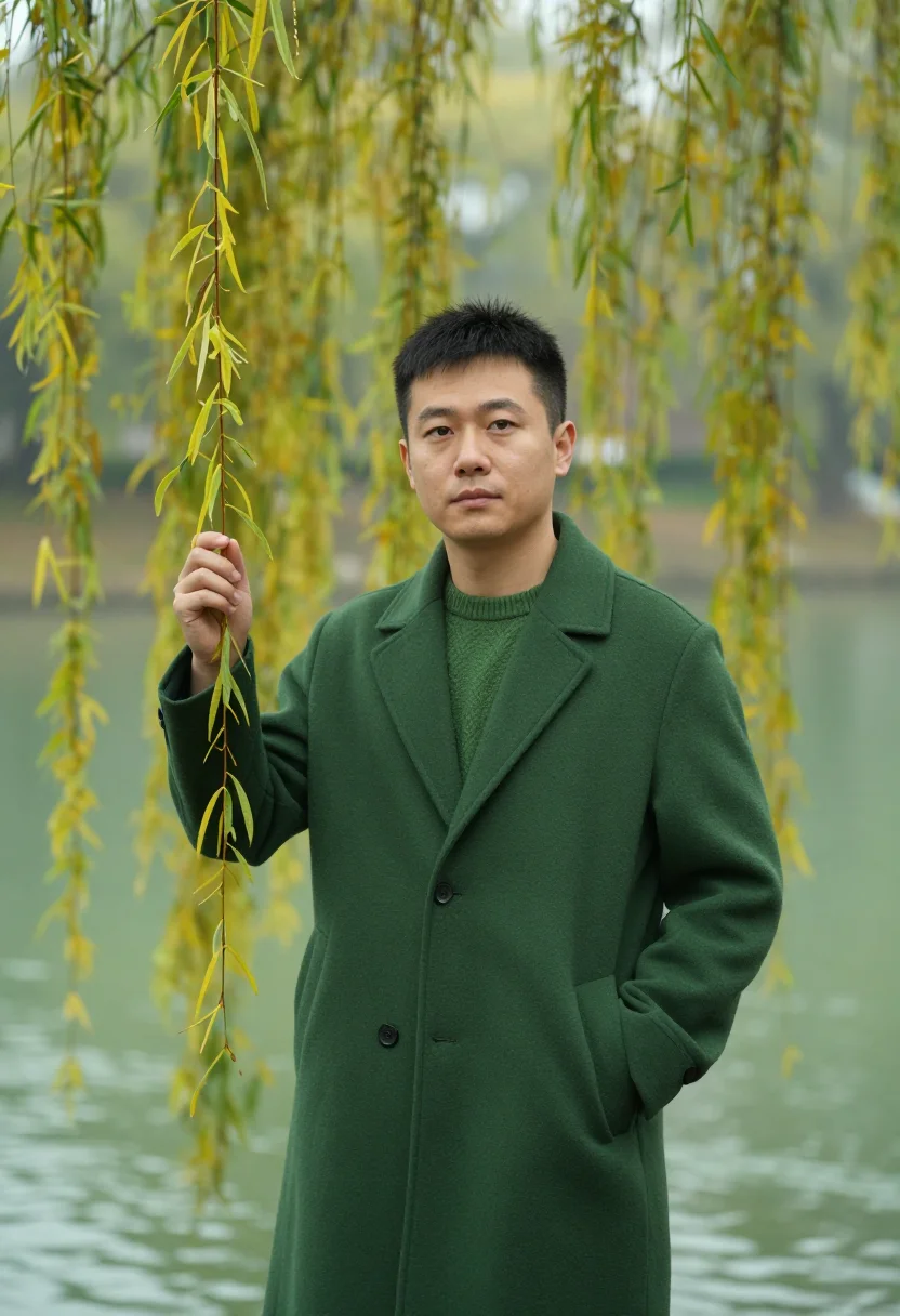 AI ljubljana fog november green sample — portrait of a man, framed half-length from the waist up unde
