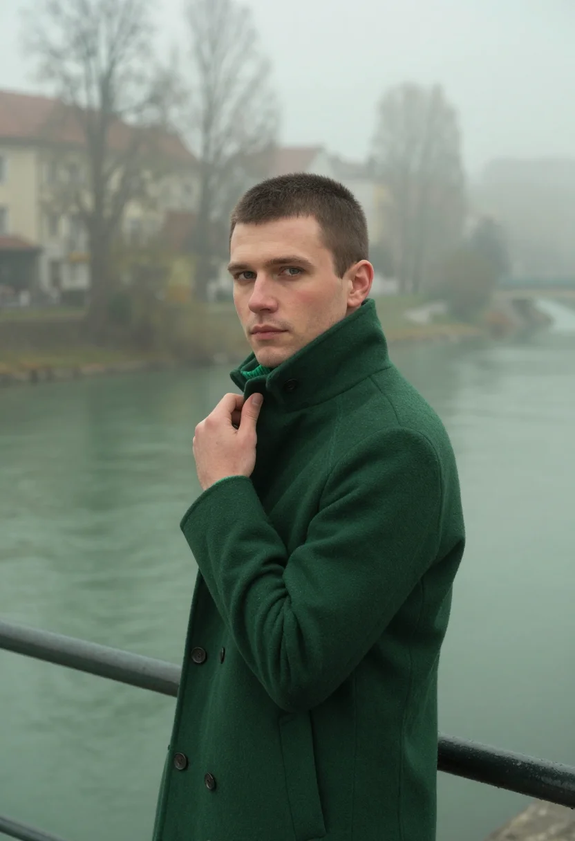 AI ljubljana fog november green sample — portrait of a man, framed chest-up from the ribs, the body c