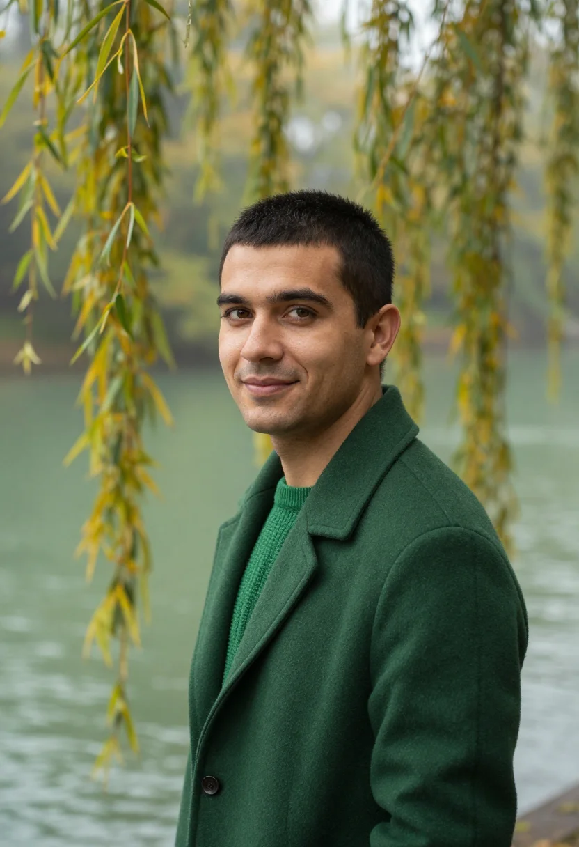 AI ljubljana fog november green sample — portrait of a man, framed tight, head and shoulders, the bod