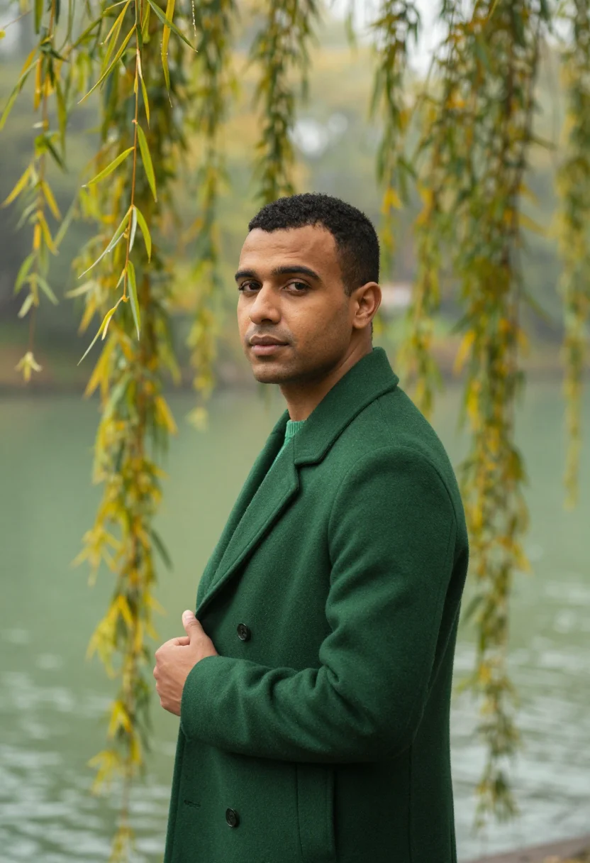 AI ljubljana fog november green sample — portrait of a man, framed chest-up from the ribs, the body c