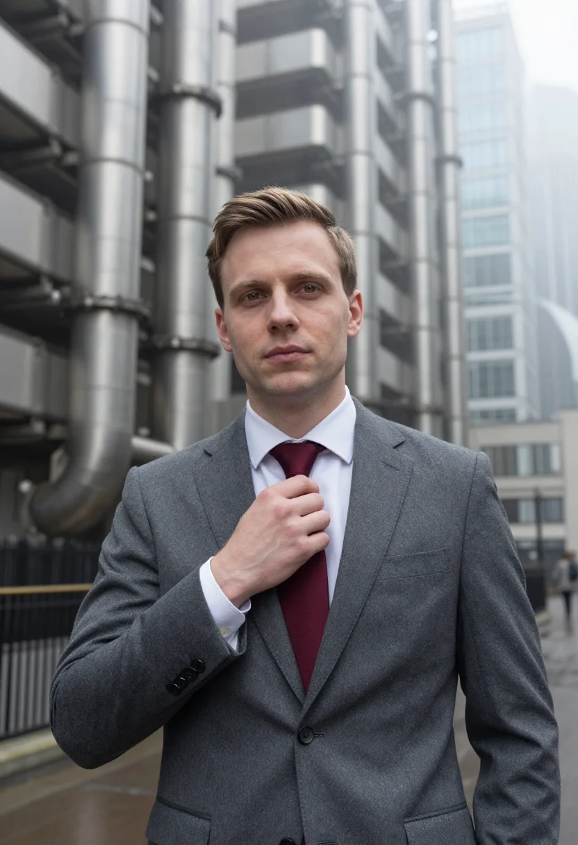 AI lloyds underwriter fog burgundy sample — portrait of a man, chest-up portrait of an underwriter, a We
