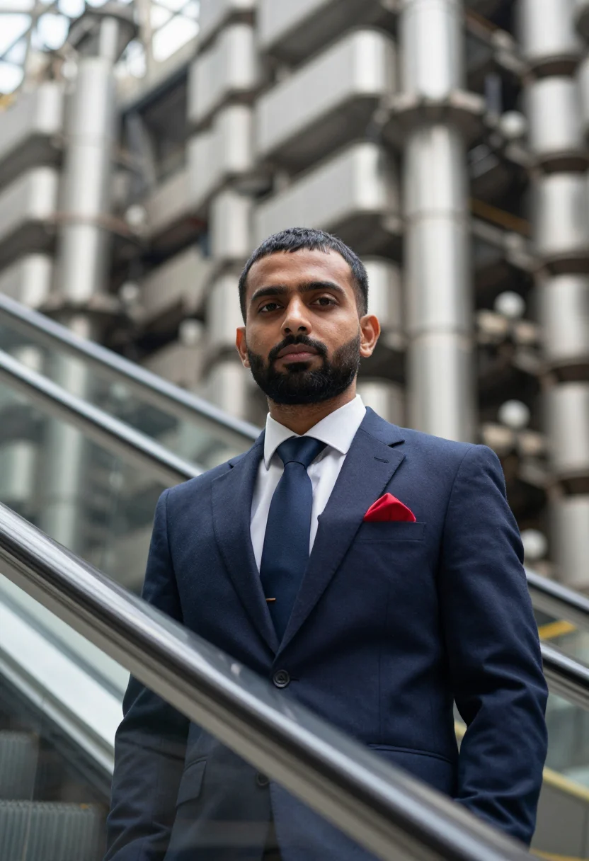 AI lloyds underwriting room november navy sample — portrait of a man, framed tight, head and shoulders, the bod