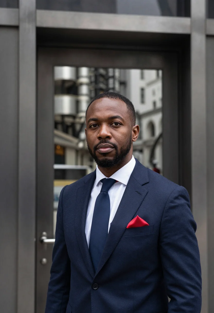 AI lloyds underwriting room november navy sample — portrait of a man, framed tight, head and shoulders, the bod