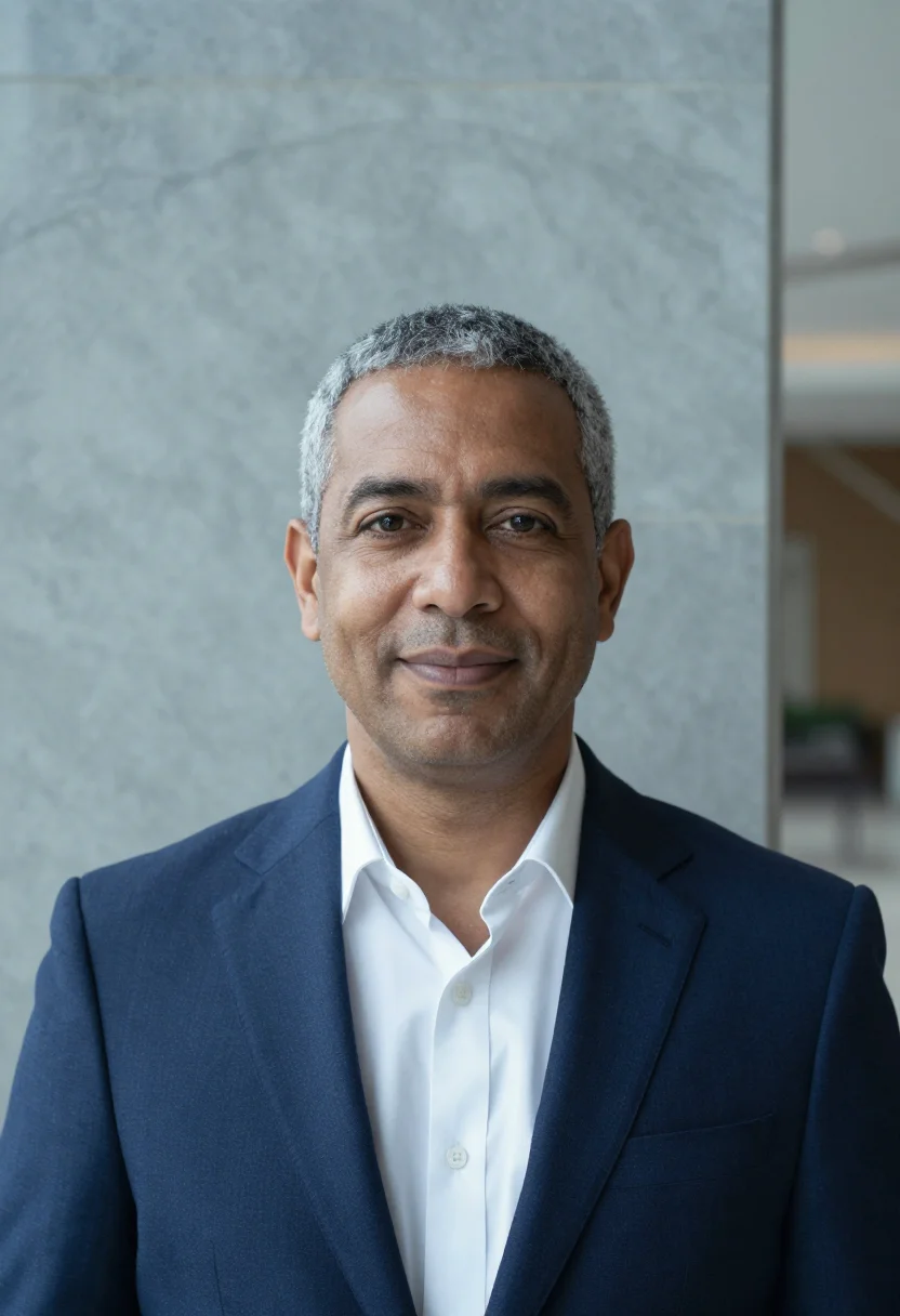AI lobby marble headshot sample — a head-and-shoulders frame of a man in his fifties with warm
