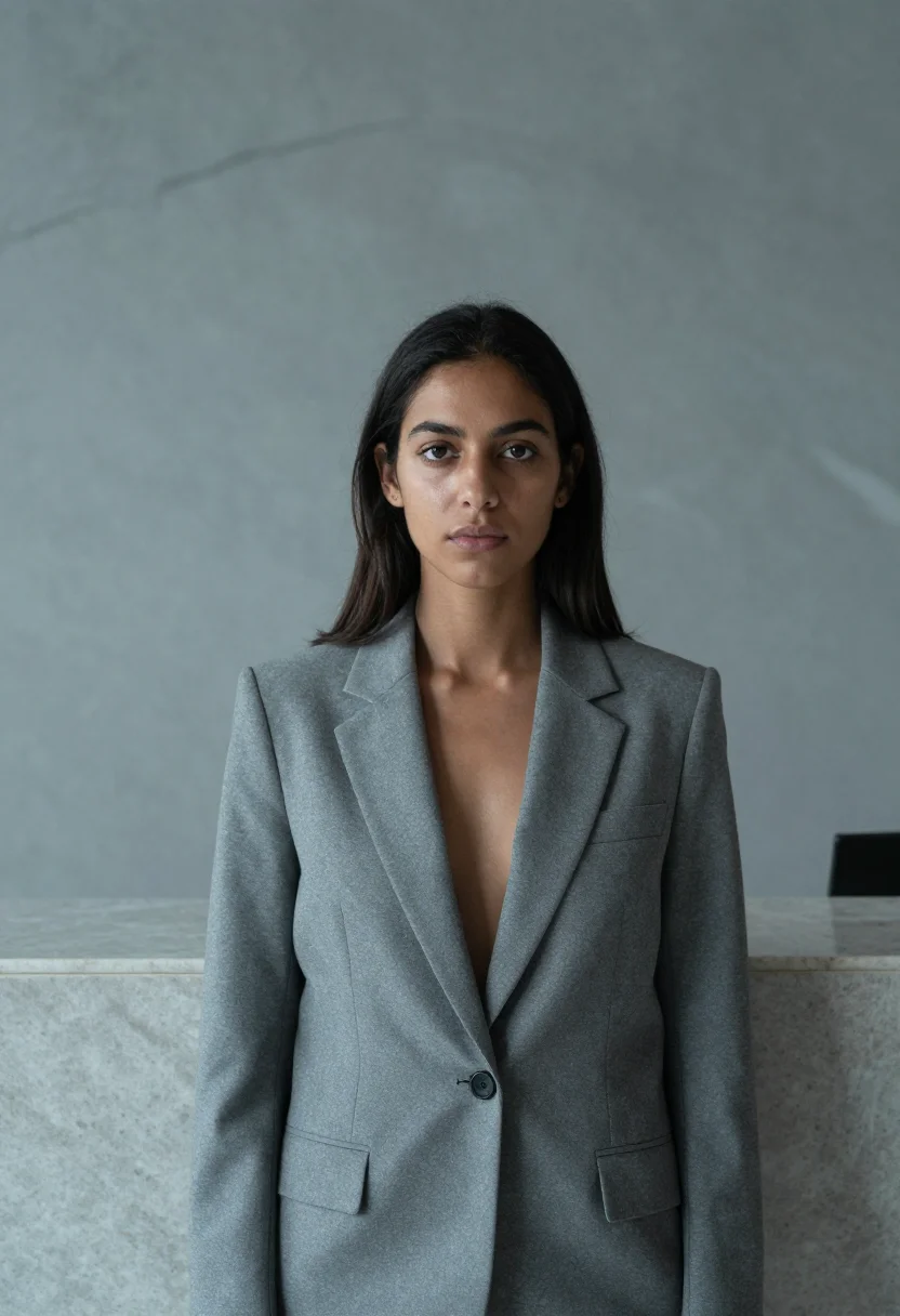 AI lobby marble headshot sample — a wide chest-up frame of a woman in her late twenties with w