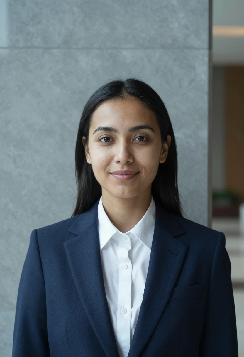 AI lobby marble headshot sample — a tight head-and-shoulders frame of a woman in her early thi