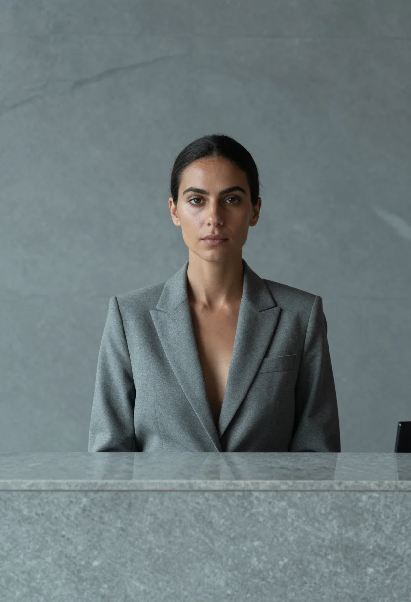 AI lobby marble headshot sample — a chest-up frame of a woman in her mid-thirties with honey-t