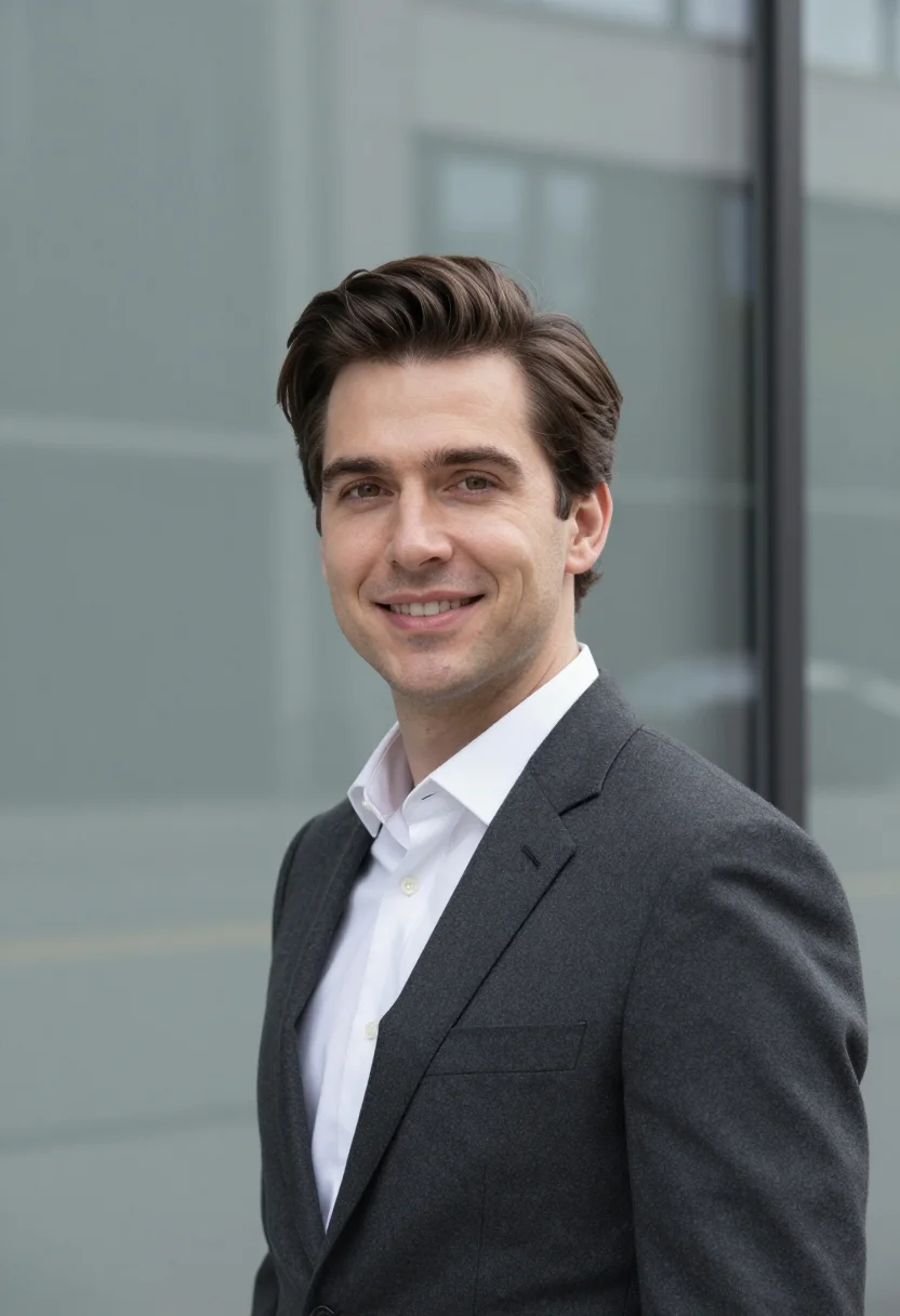 AI lobby marble headshot sample — a head-and-shoulders frame of a man in his late thirties wit