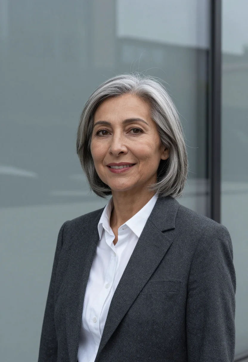 AI lobby marble headshot sample — a head-and-shoulders frame of a woman in her fifties with wa
