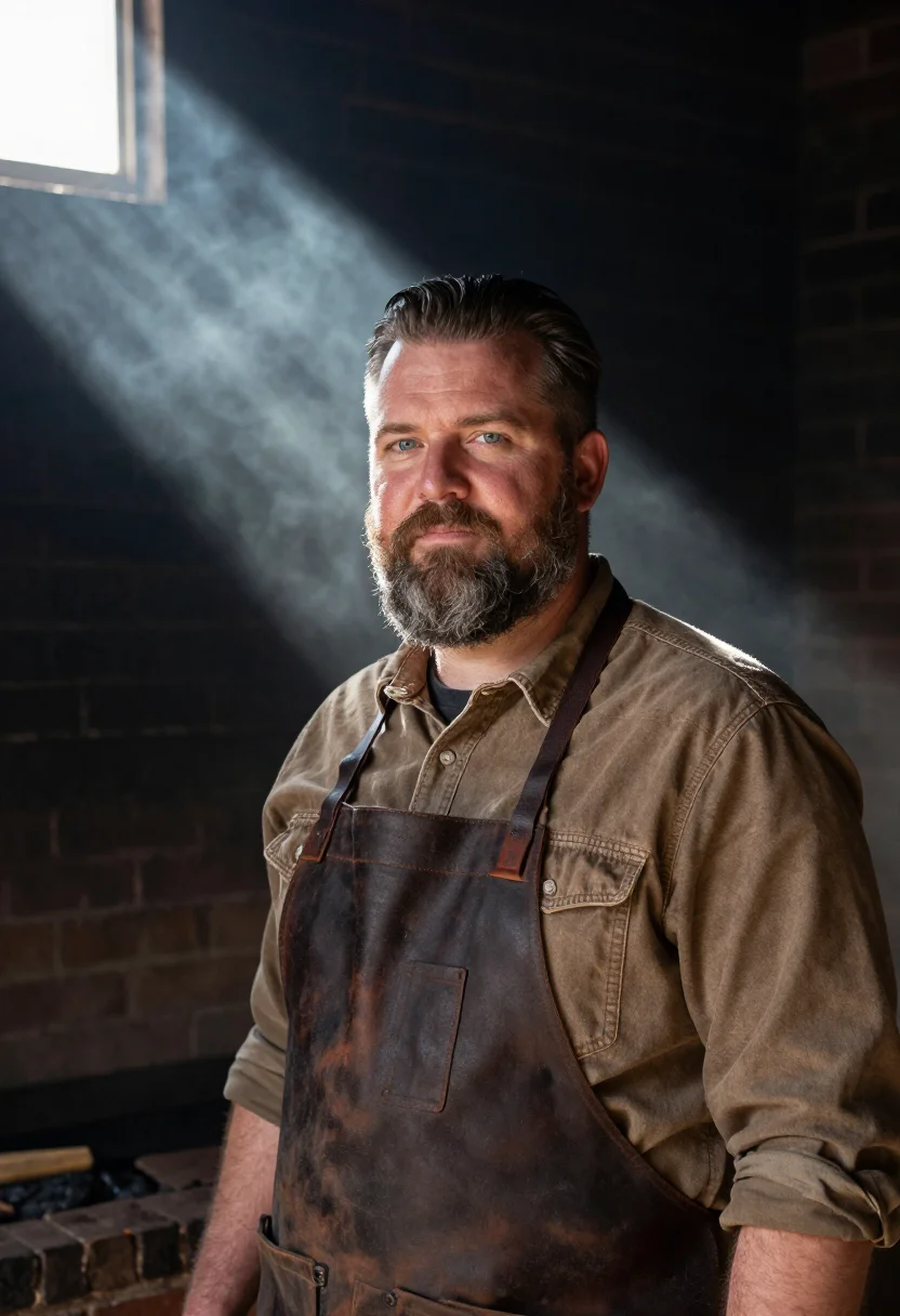 AI lockhart pitmaster post oak smoke sample — portrait of a man, in his early fifties, with weathered fair