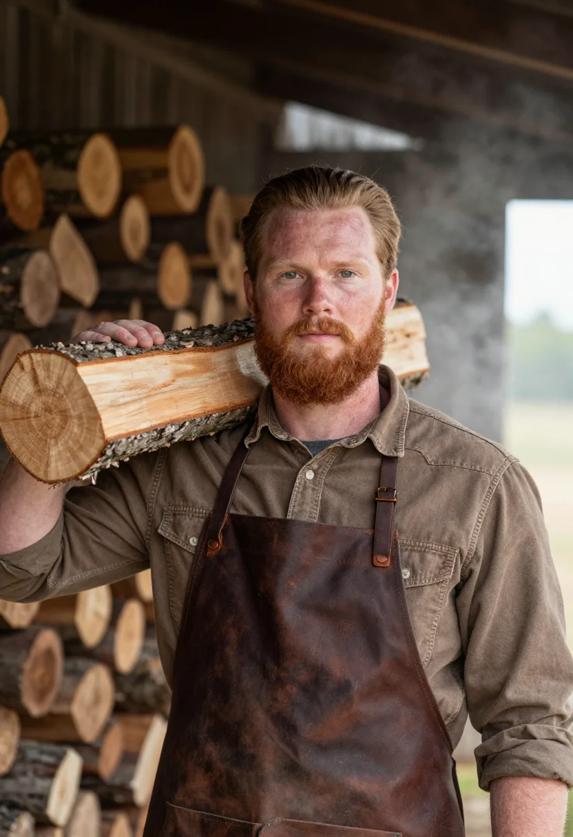 AI lockhart pitmaster post oak smoke sample — portrait of a man, in his early thirties, with fair freckled