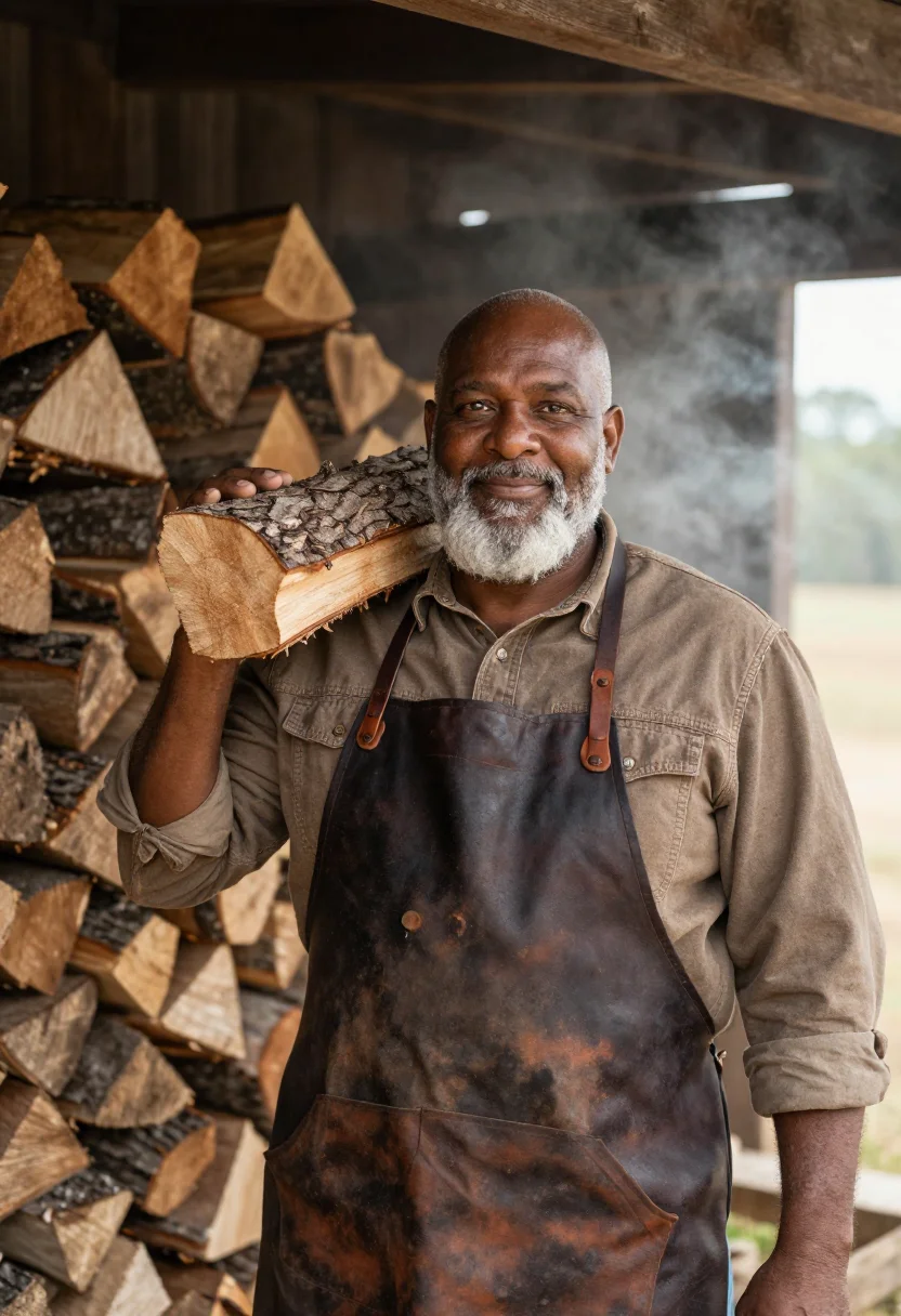 AI lockhart pitmaster post oak smoke sample — portrait of a man, in his sixties, with deep brown skin, dar