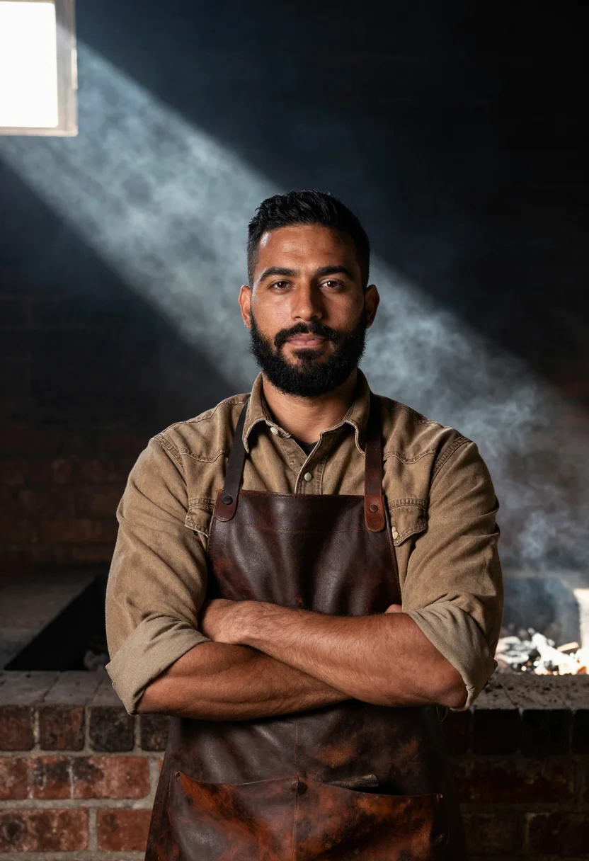 AI lockhart pitmaster post oak smoke sample — portrait of a man, in his late thirties, with warm brown ski