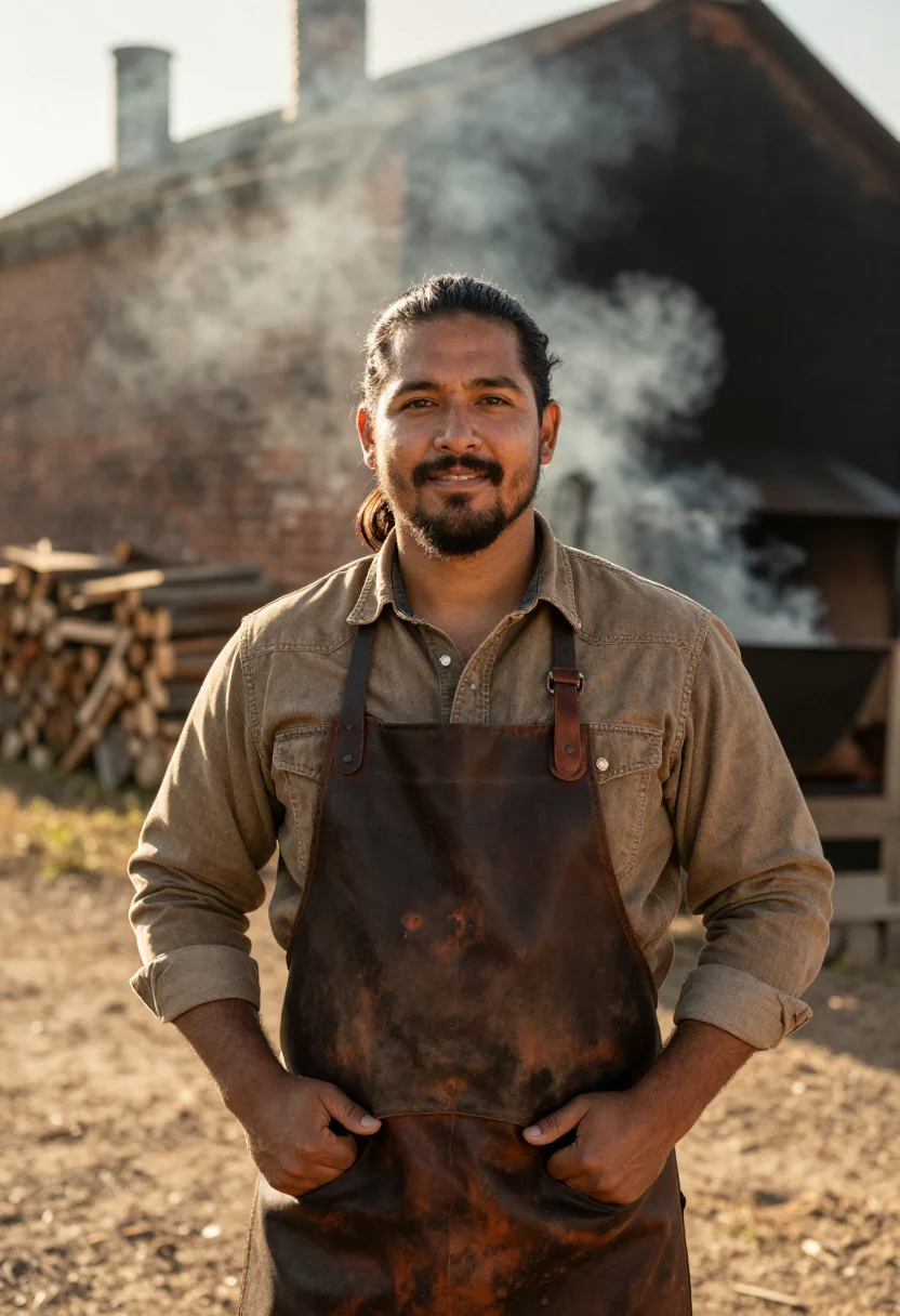 AI lockhart pitmaster post oak smoke sample — portrait of a man, in his early forties, with warm bronze sk