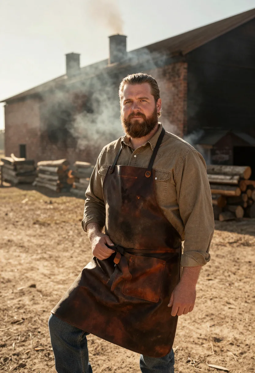 AI lockhart pitmaster post oak smoke sample — portrait of a man, in his late forties, with tanned fair ski