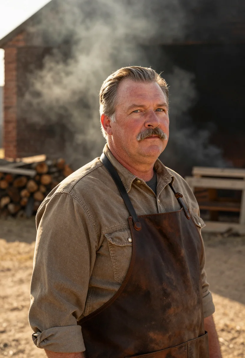AI lockhart pitmaster post oak smoke sample — portrait of a man, in his mid-fifties, with ruddy fair skin,