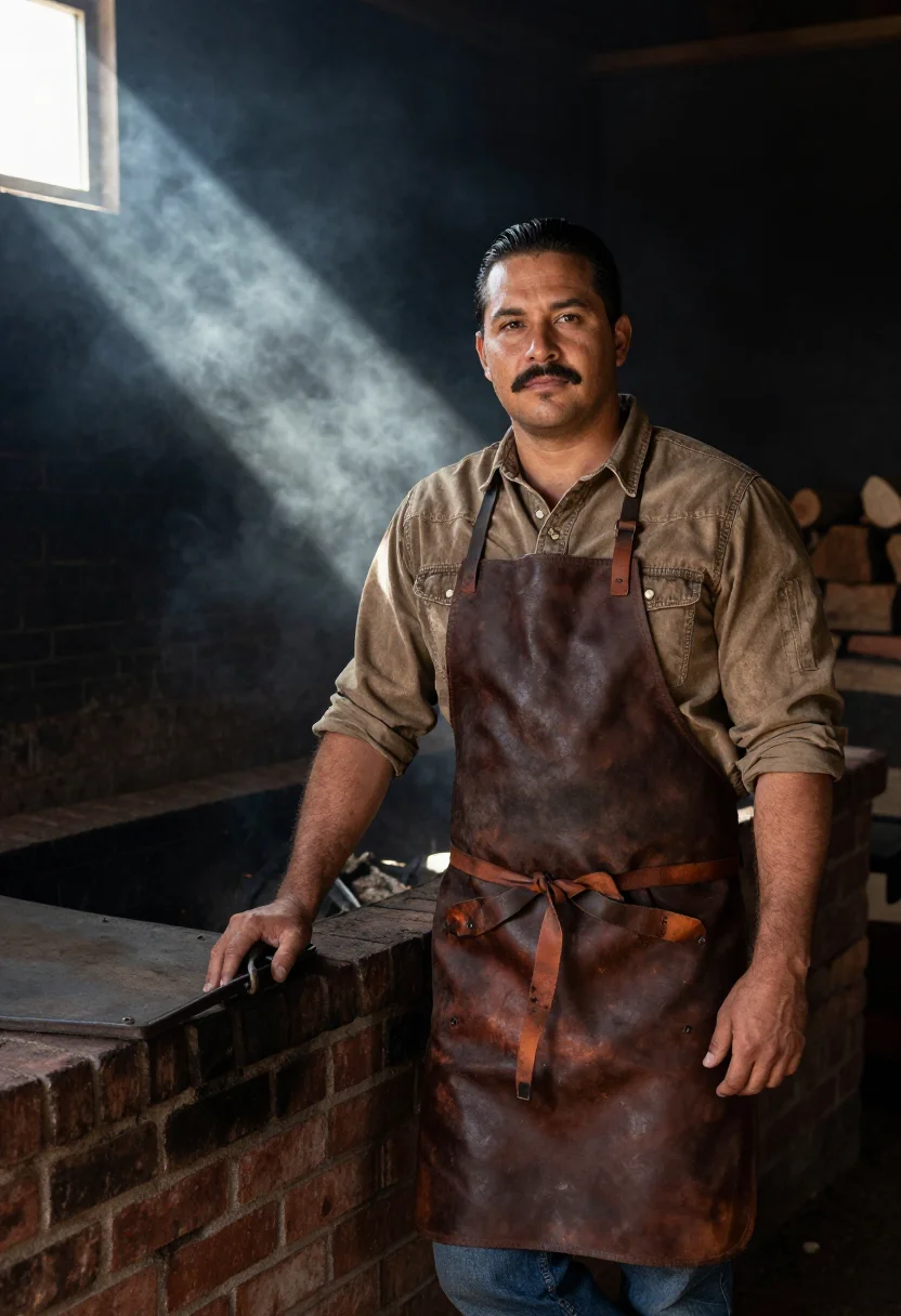 AI lockhart pitmaster post oak smoke sample — portrait of a man, in his mid-forties, with warm tan skin, d