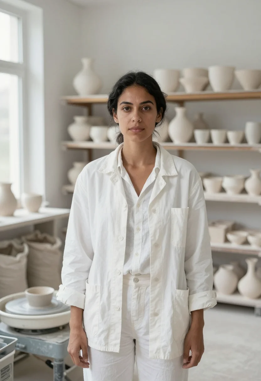 AI loewe craft prize ceramic studio white clay sample — portrait of a woman, a ceramicist in her thirties with golde