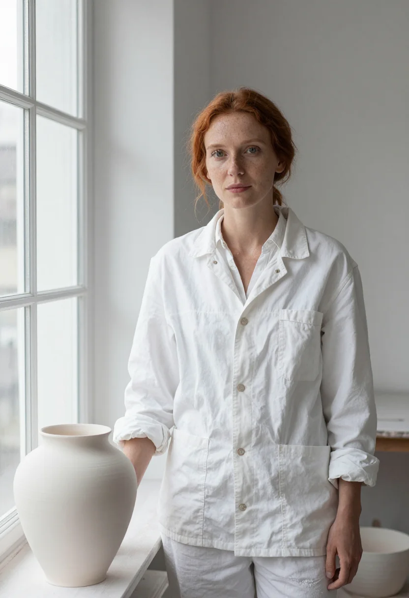 AI loewe craft prize ceramic studio white clay sample — portrait of a woman, a ceramicist in her late twenties with