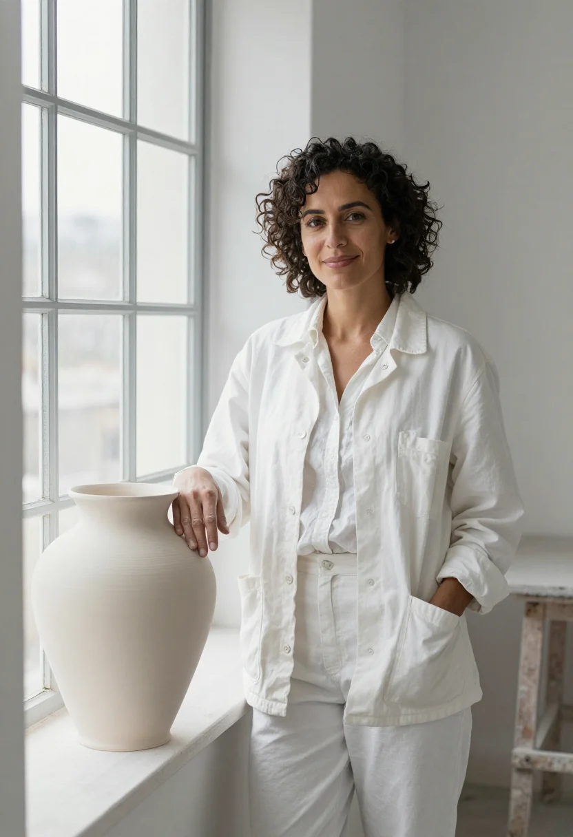 AI loewe craft prize ceramic studio white clay sample — portrait of a woman, a ceramicist in her mid-forties with wa