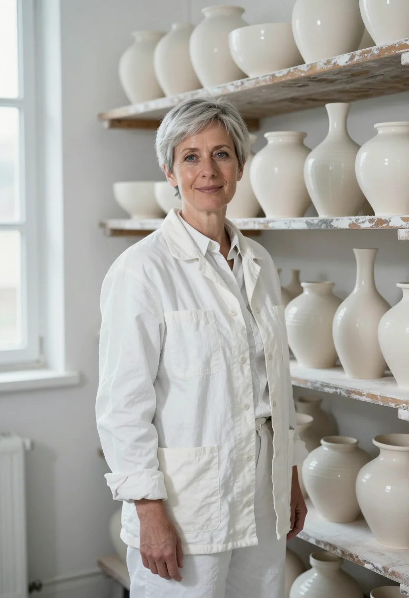 AI loewe craft prize ceramic studio white clay sample — portrait of a woman, a ceramicist in her early fifties with