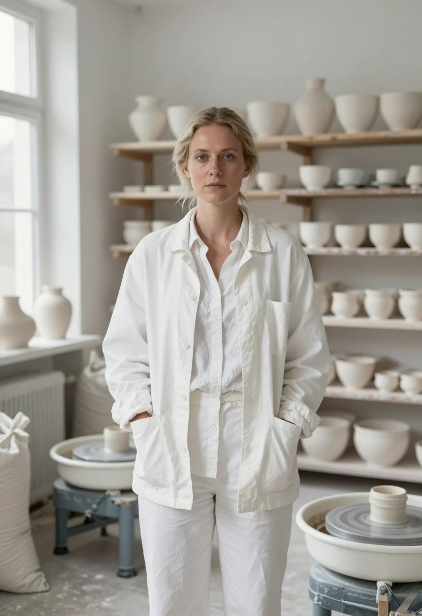AI loewe craft prize ceramic studio white clay sample — portrait of a woman, a Danish ceramicist in her early thirti