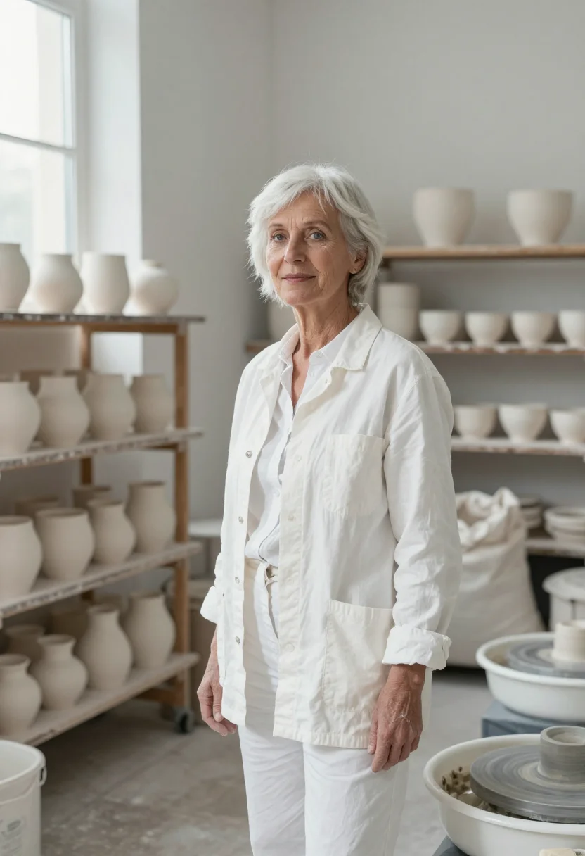 AI loewe craft prize ceramic studio white clay sample — portrait of a woman, a ceramicist in her sixties with fair s