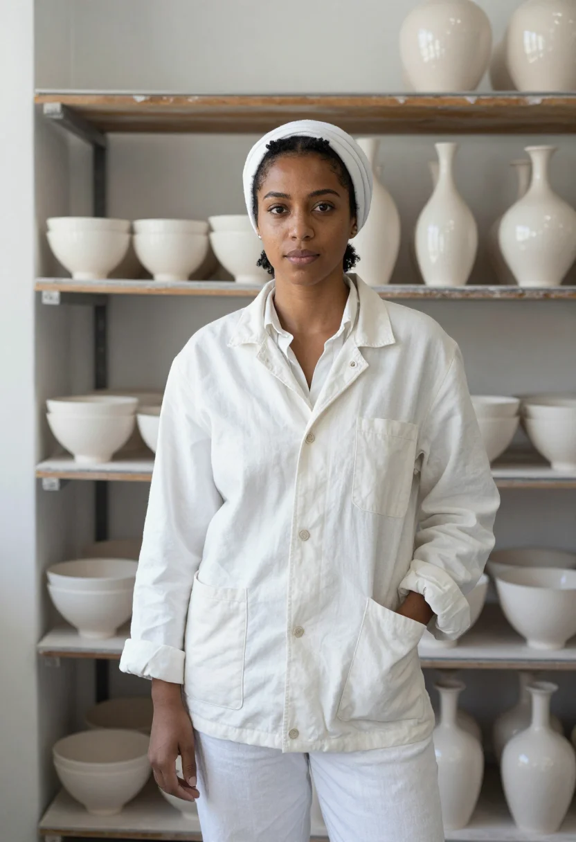 AI loewe craft prize ceramic studio white clay sample — portrait of a woman, a ceramicist in her early thirties with