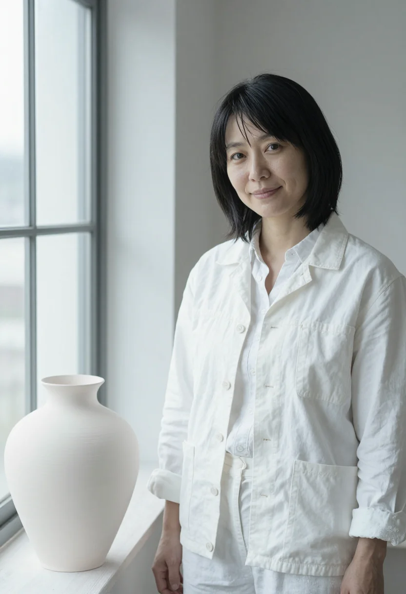 AI loewe craft prize ceramic studio white clay sample — portrait of a woman, a Japanese ceramicist in her forties wi