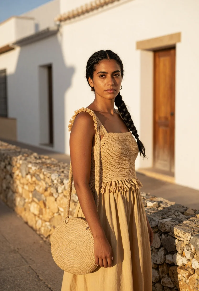 AI loewe paula ibiza raffia straw gold sample — portrait of a woman, a woman in her late twenties with warm