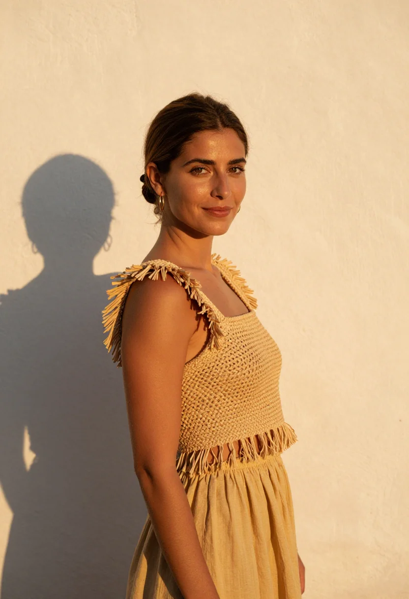 AI loewe paula ibiza raffia straw gold sample — portrait of a woman, an Italian woman in her early thirties