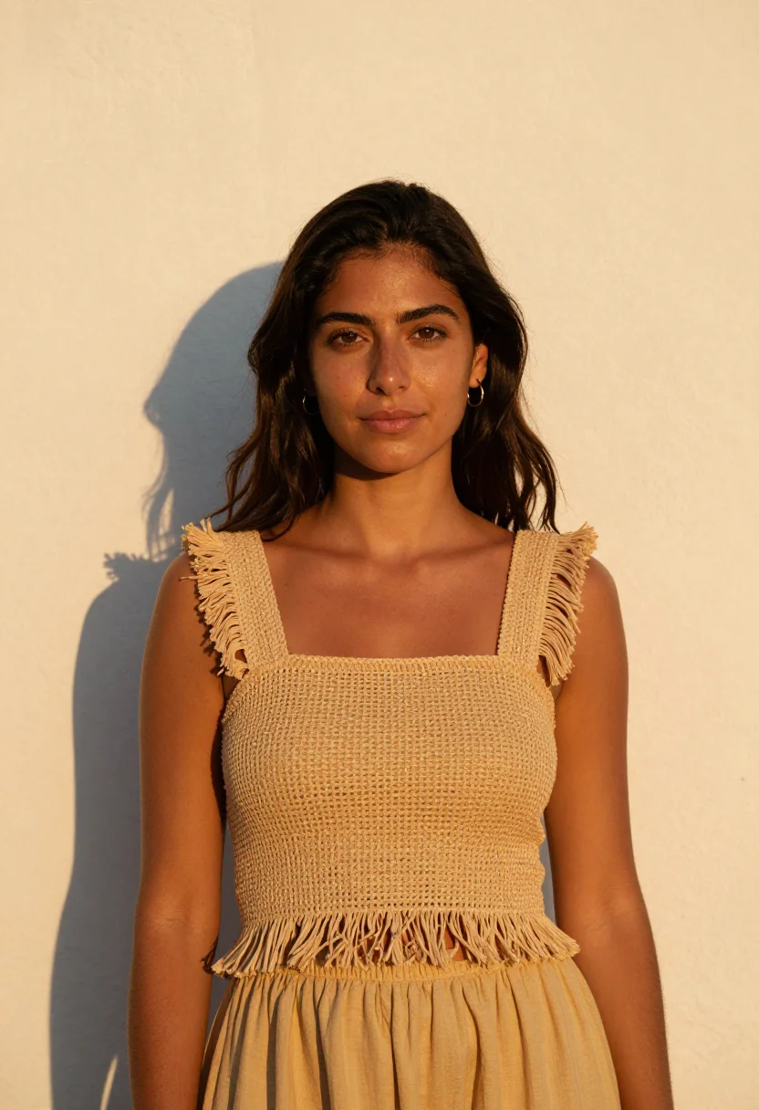 AI loewe paula ibiza raffia straw gold sample — portrait of a woman, a Spanish woman in her late twenties wi