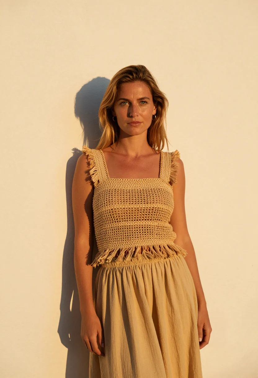 AI loewe paula ibiza raffia straw gold sample — portrait of a woman, a French woman in her mid-thirties with