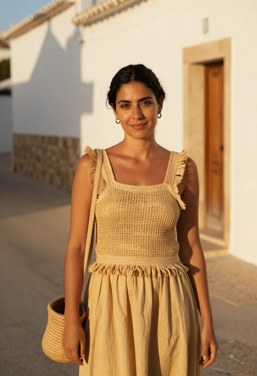 AI loewe paula ibiza raffia straw gold sample — portrait of a woman, a Greek woman in her early forties with