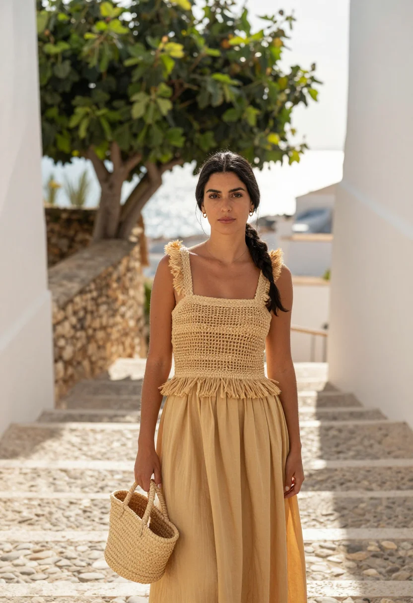 AI loewe paula ibiza raffia straw gold sample — portrait of a woman, a Spanish woman in her mid-twenties wit