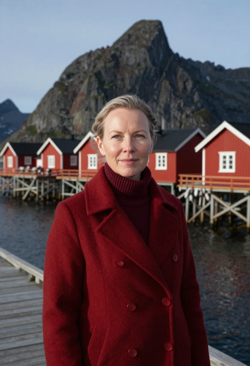 AI lofoten marine biologist rorbu red sample — portrait of a woman, a marine biologist in her forties of Fi