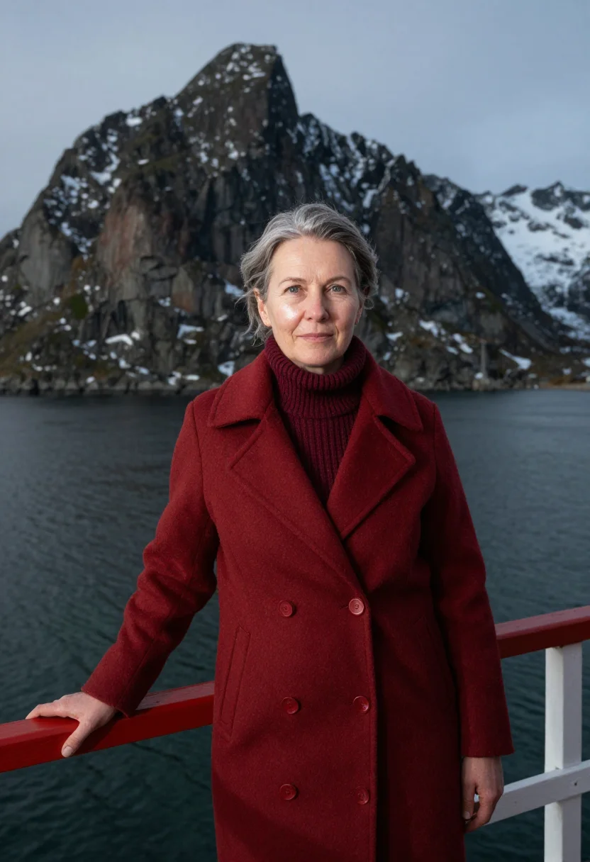 AI lofoten marine biologist rorbu red sample — portrait of a woman, a marine biologist in her fifties of Ge