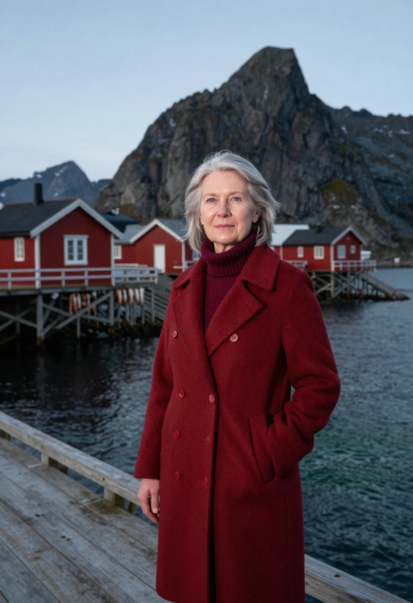 AI lofoten marine biologist rorbu red sample — portrait of a woman, a marine biologist in her sixties of Du