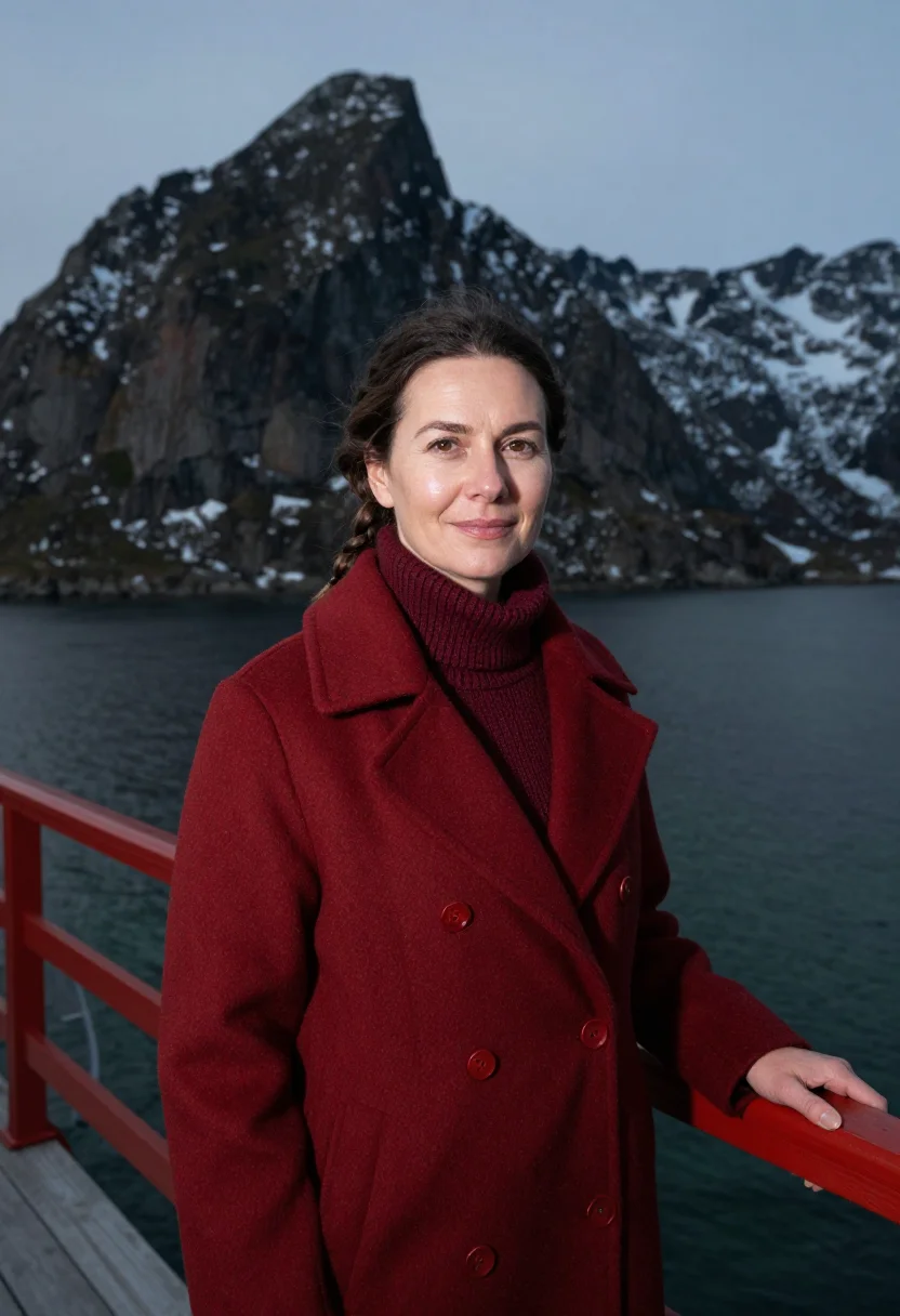 AI lofoten marine biologist rorbu red sample — portrait of a woman, a marine biologist in her forties of Sá